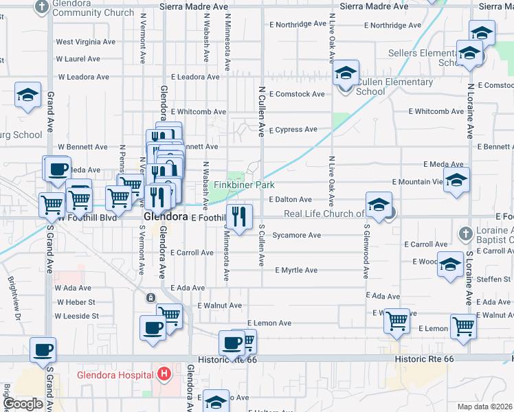 map of restaurants, bars, coffee shops, grocery stores, and more near 119 North Cullen Avenue in Glendora