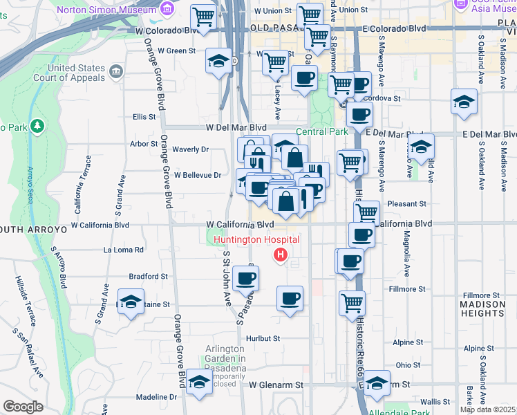 map of restaurants, bars, coffee shops, grocery stores, and more near 155 West California Boulevard in Pasadena