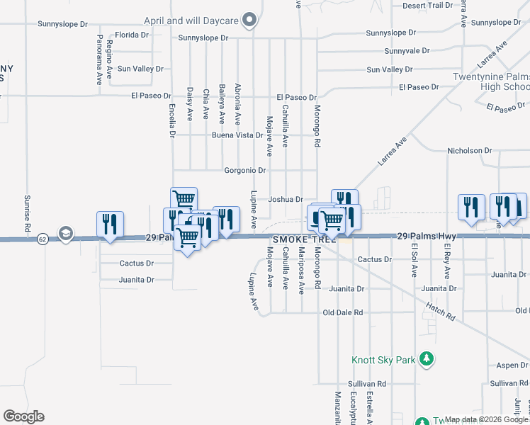 map of restaurants, bars, coffee shops, grocery stores, and more near 6444 Mojave Avenue in Twentynine Palms