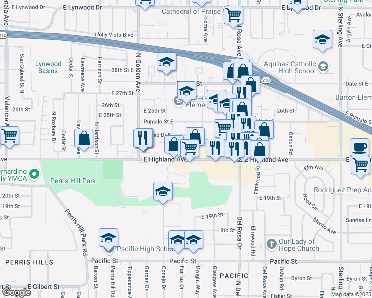 map of restaurants, bars, coffee shops, grocery stores, and more near 2222 Mountain Avenue North in San Bernardino
