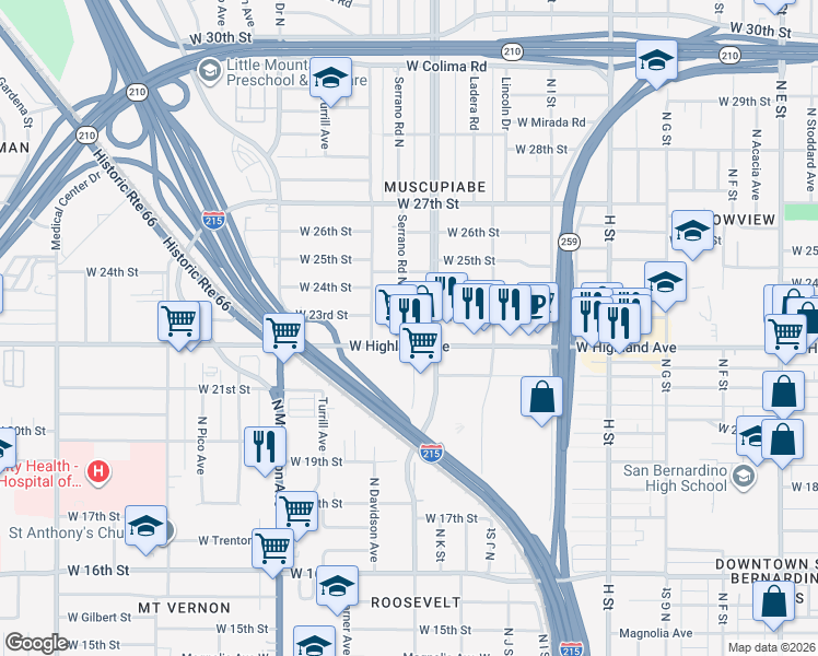 map of restaurants, bars, coffee shops, grocery stores, and more near 2249 Serrano Road North in San Bernardino