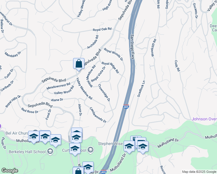 map of restaurants, bars, coffee shops, grocery stores, and more near 15656 Crownridge Place in Los Angeles