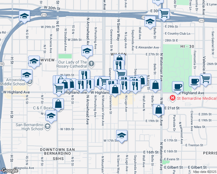 map of restaurants, bars, coffee shops, grocery stores, and more near 2268 Genevieve Street North in San Bernardino