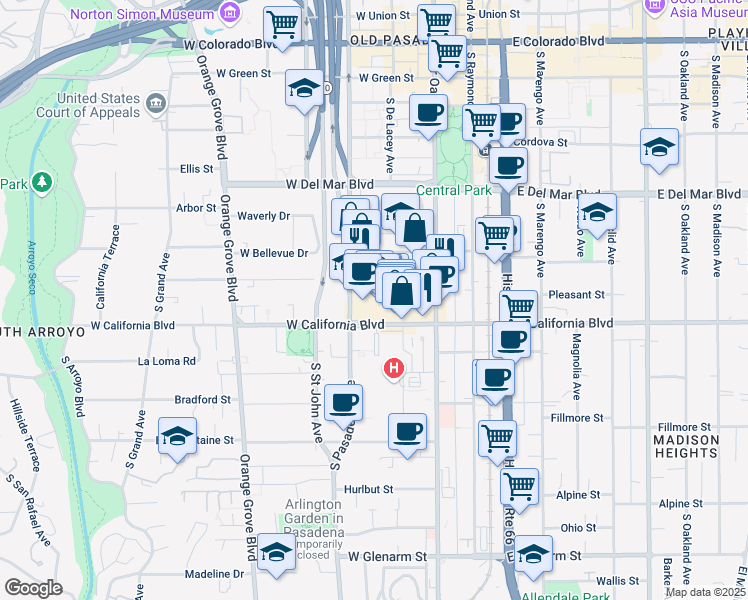 map of restaurants, bars, coffee shops, grocery stores, and more near 155 West California Boulevard in Pasadena