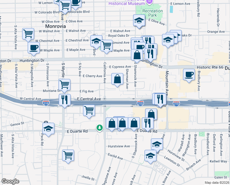 map of restaurants, bars, coffee shops, grocery stores, and more near 1406 California Avenue in Monrovia