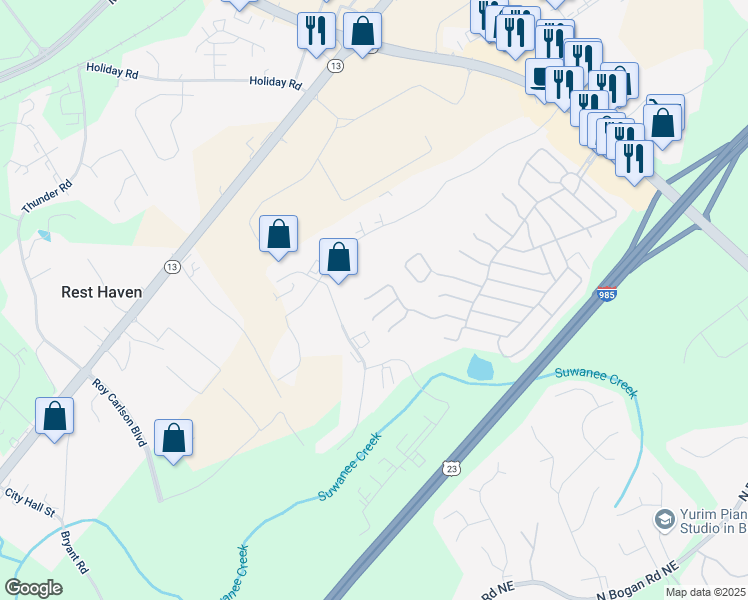 map of restaurants, bars, coffee shops, grocery stores, and more near 5143 Belle Wood Court in Buford
