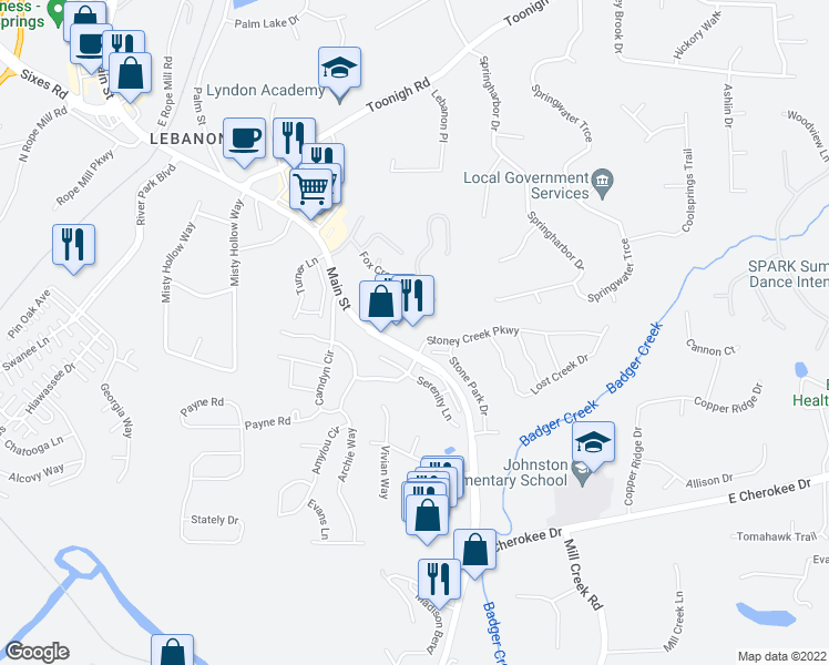 map of restaurants, bars, coffee shops, grocery stores, and more near 5947 Holly Springs Parkway in Woodstock