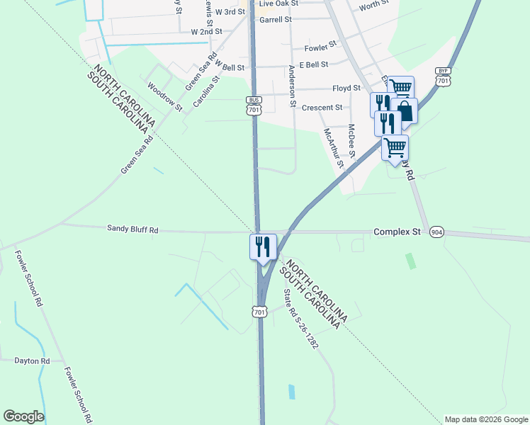 map of restaurants, bars, coffee shops, grocery stores, and more near 911 Hickman Road in Tabor City
