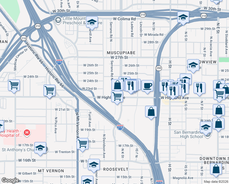 map of restaurants, bars, coffee shops, grocery stores, and more near 2249 Serrano Road North in San Bernardino