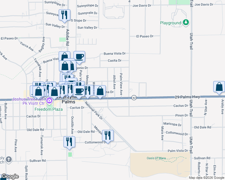 map of restaurants, bars, coffee shops, grocery stores, and more near 6450 Athol Avenue in Twentynine Palms