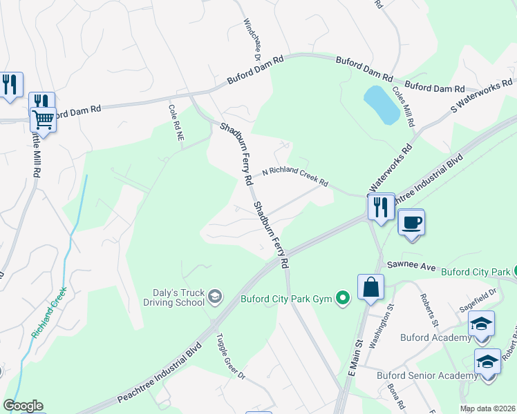 map of restaurants, bars, coffee shops, grocery stores, and more near 5460 Shadburn Ferry Road in Buford