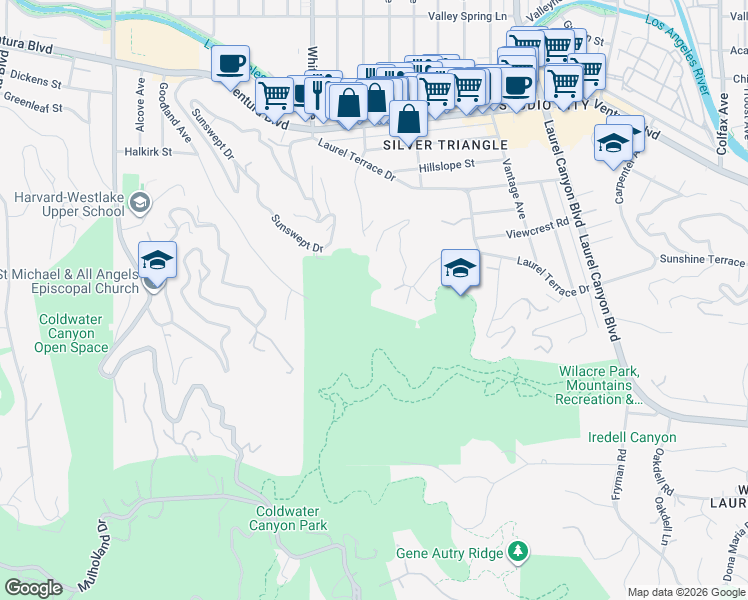map of restaurants, bars, coffee shops, grocery stores, and more near 12340 Viewcrest Road in Los Angeles
