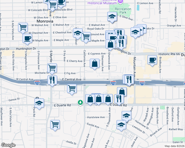 map of restaurants, bars, coffee shops, grocery stores, and more near 1406 California Avenue in Monrovia