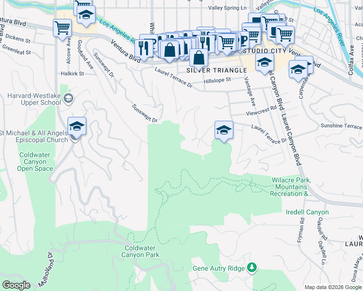 map of restaurants, bars, coffee shops, grocery stores, and more near 12340 Viewcrest Road in Los Angeles