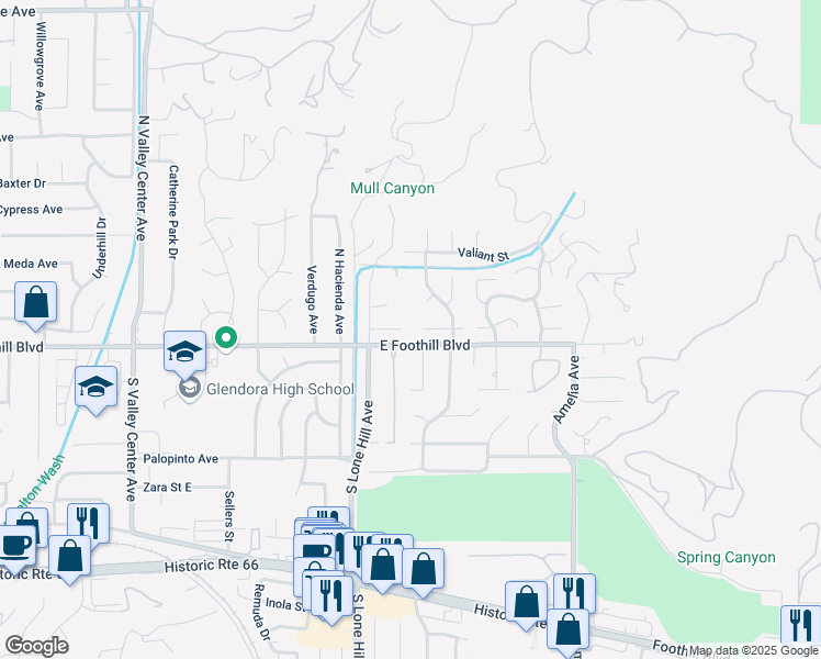 map of restaurants, bars, coffee shops, grocery stores, and more near 2007 Cumberland Road in Glendora
