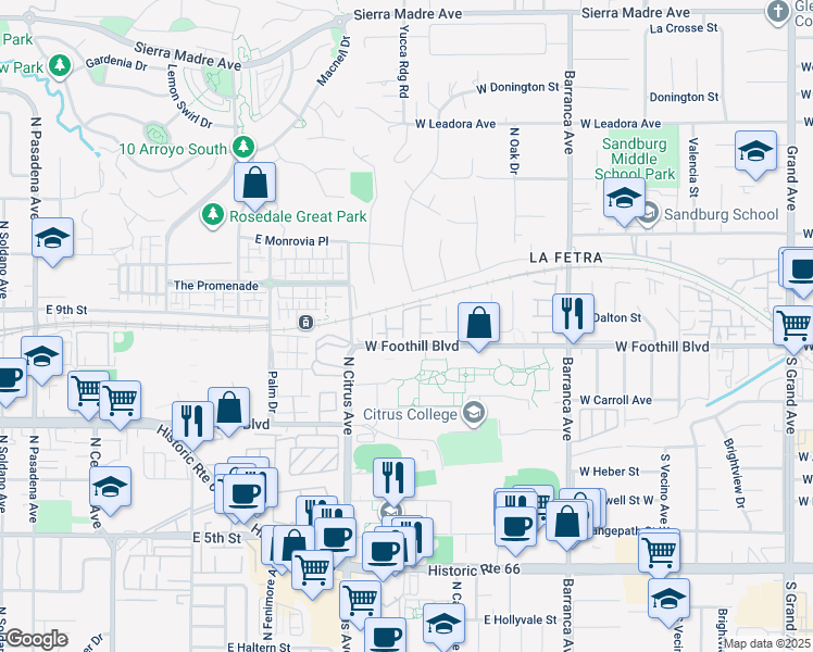 map of restaurants, bars, coffee shops, grocery stores, and more near 1062 Brookfield Place in Glendora