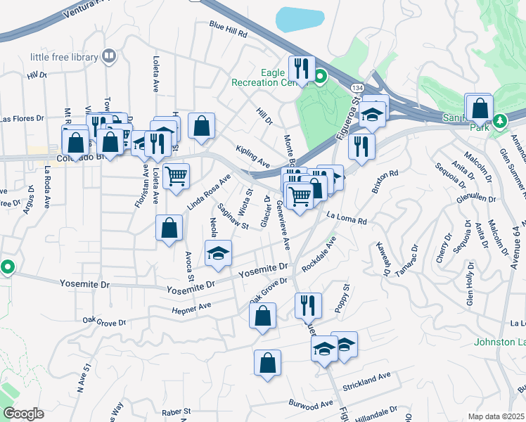 map of restaurants, bars, coffee shops, grocery stores, and more near 4933 Glacier Drive in Los Angeles