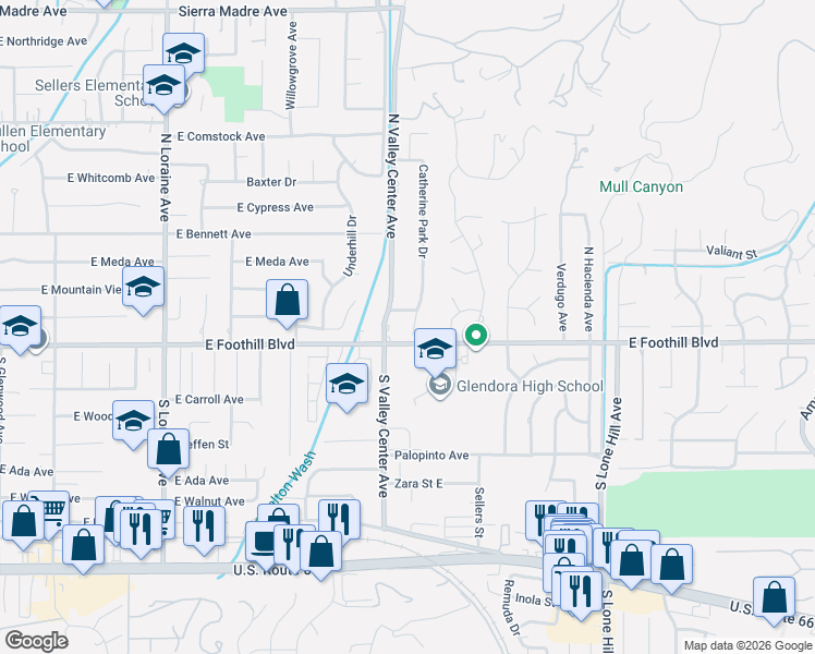 map of restaurants, bars, coffee shops, grocery stores, and more near 127 Catherine Park Drive in Glendora