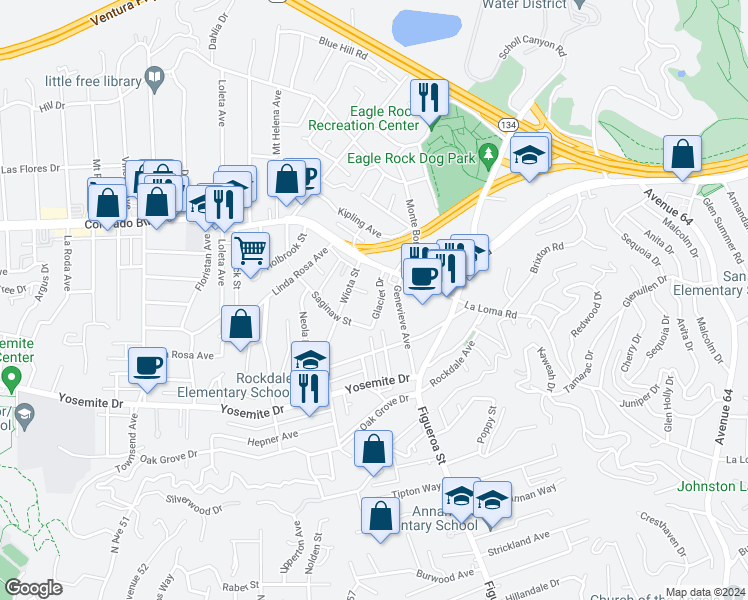 map of restaurants, bars, coffee shops, grocery stores, and more near 4963 Genevieve Avenue in Los Angeles
