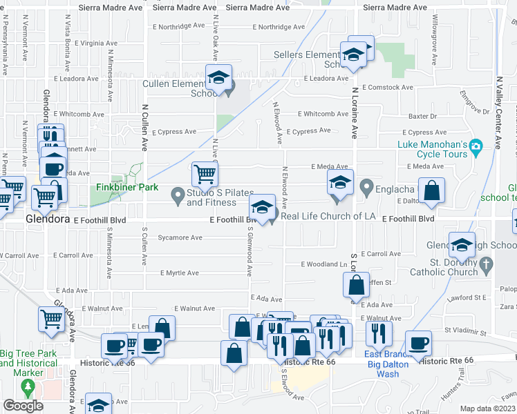 map of restaurants, bars, coffee shops, grocery stores, and more near 810 East Dalton Avenue in Glendora