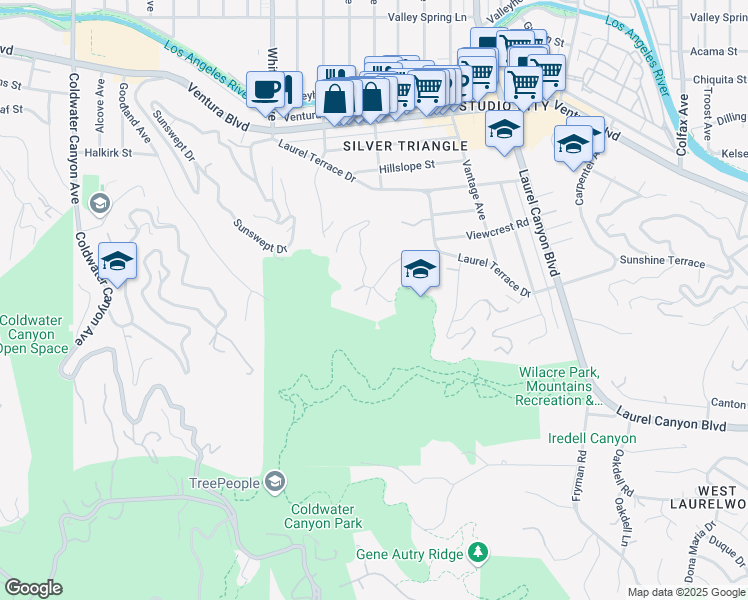map of restaurants, bars, coffee shops, grocery stores, and more near 3639 Shady Oak Road in Los Angeles
