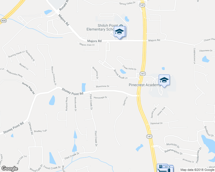 map of restaurants, bars, coffee shops, grocery stores, and more near Bluestone Drive in Cumming