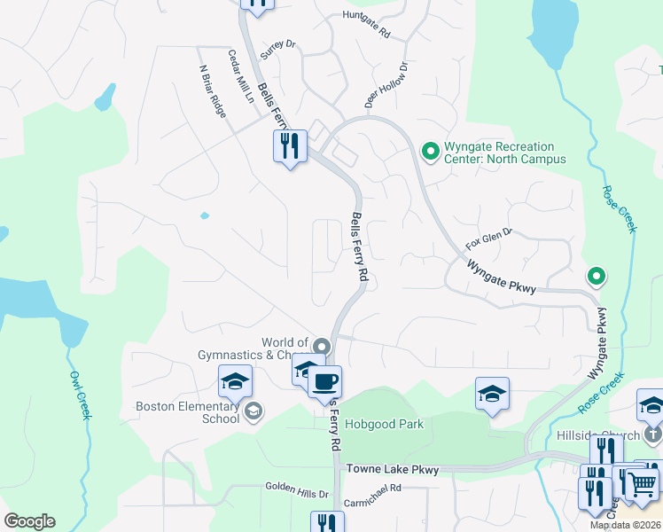 map of restaurants, bars, coffee shops, grocery stores, and more near 401 Belmont Way in Woodstock