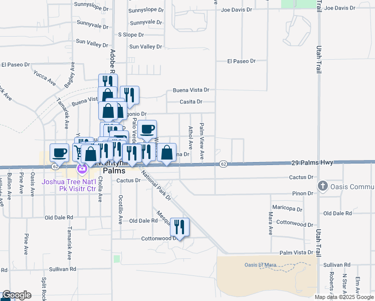 map of restaurants, bars, coffee shops, grocery stores, and more near 6433 Athol Avenue in Twentynine Palms