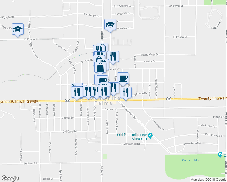 map of restaurants, bars, coffee shops, grocery stores, and more near 6437 Palo Verde Avenue in Twentynine Palms