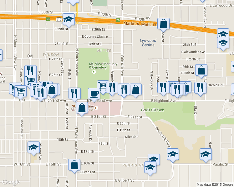 map of restaurants, bars, coffee shops, grocery stores, and more near 681 East 23rd Street in San Bernardino