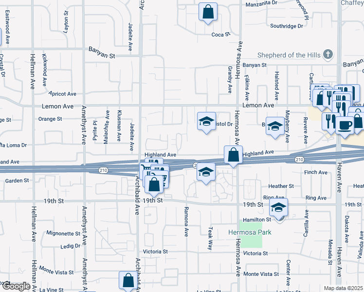 map of restaurants, bars, coffee shops, grocery stores, and more near 9926 Highland Avenue in Rancho Cucamonga