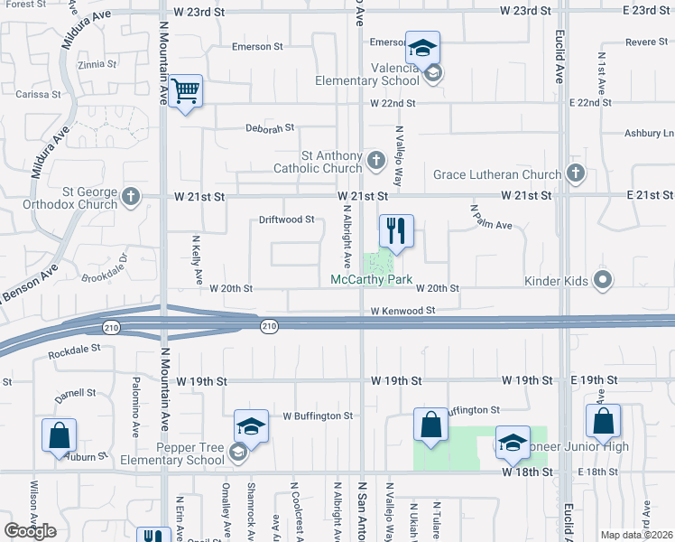 map of restaurants, bars, coffee shops, grocery stores, and more near 2028 North Albright Avenue in Upland