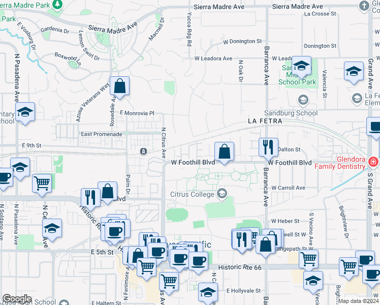 map of restaurants, bars, coffee shops, grocery stores, and more near 119 Meadow Oaks Lane in Glendora