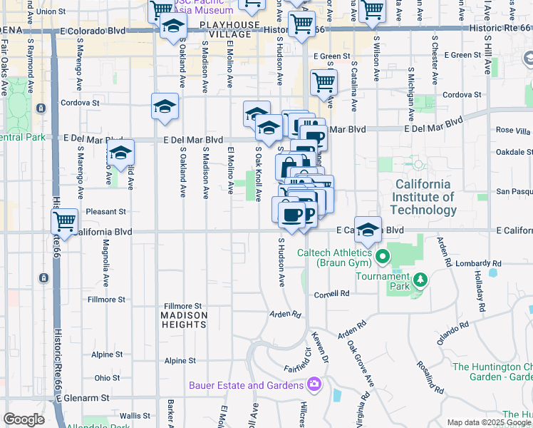 map of restaurants, bars, coffee shops, grocery stores, and more near 515 South Hudson Avenue in Pasadena