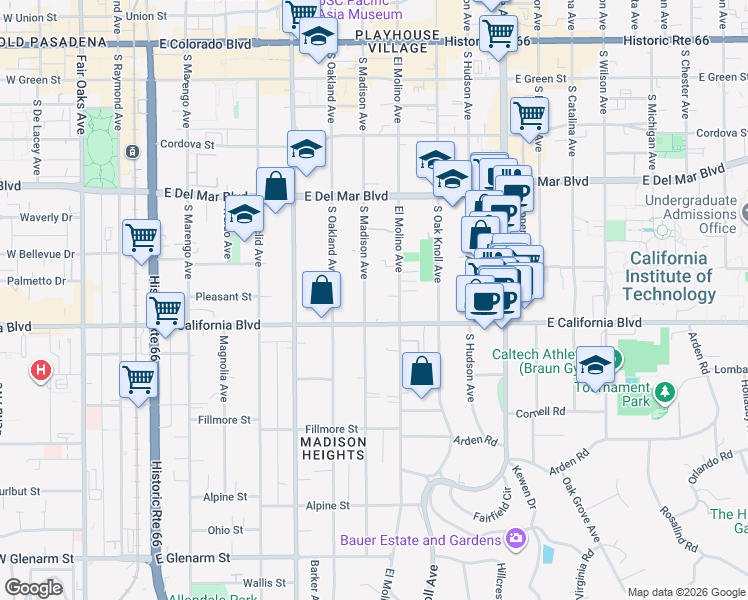map of restaurants, bars, coffee shops, grocery stores, and more near 507 South Madison Avenue in Pasadena