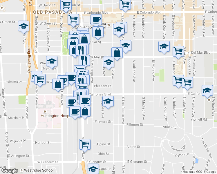 map of restaurants, bars, coffee shops, grocery stores, and more near 505 South Euclid Avenue in Pasadena