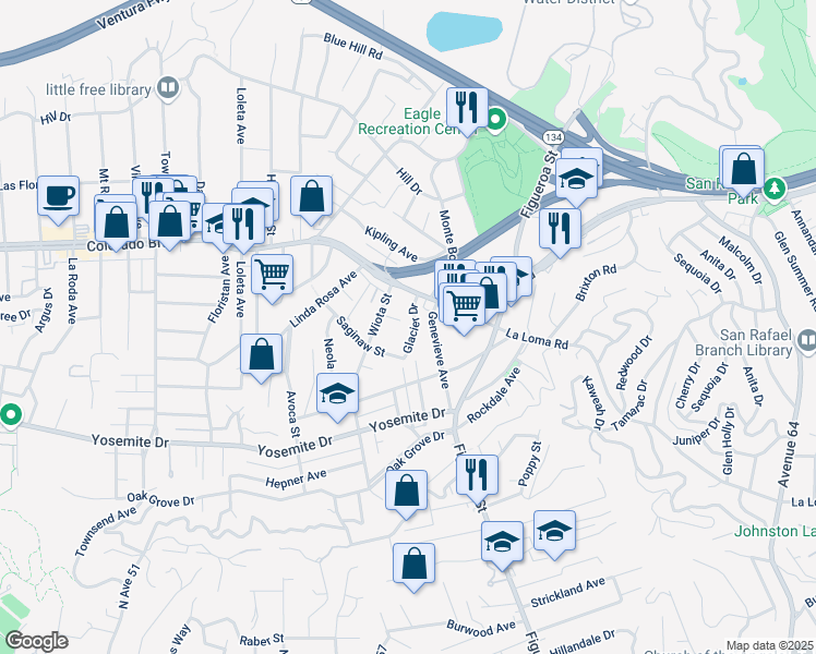 map of restaurants, bars, coffee shops, grocery stores, and more near 4963 Genevieve Avenue in Los Angeles