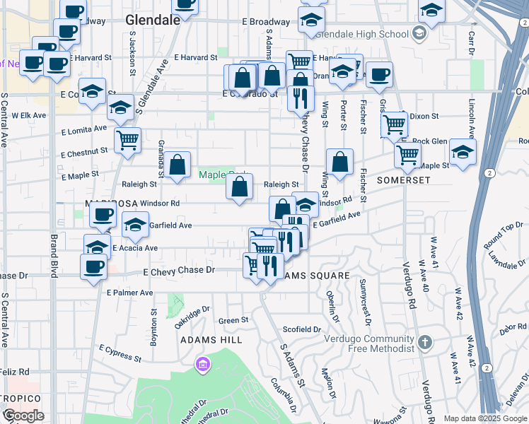 map of restaurants, bars, coffee shops, grocery stores, and more near 1022 East Windsor Road in Glendale