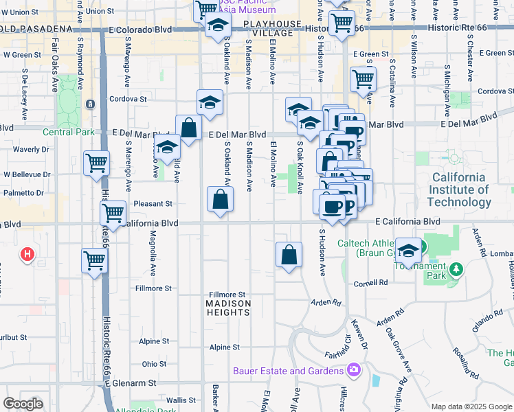 map of restaurants, bars, coffee shops, grocery stores, and more near 530 South Madison Avenue in Pasadena