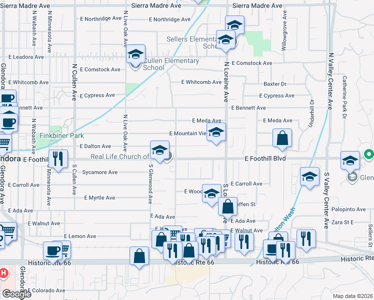 map of restaurants, bars, coffee shops, grocery stores, and more near 926 East Dalton Avenue in Glendora