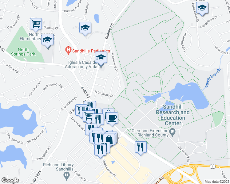 map of restaurants, bars, coffee shops, grocery stores, and more near 221 North Crossing Drive in Columbia