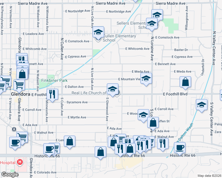 map of restaurants, bars, coffee shops, grocery stores, and more near 810 East Dalton Avenue in Glendora