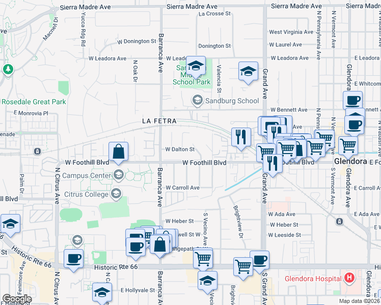 map of restaurants, bars, coffee shops, grocery stores, and more near 754 West Dalton Street in Glendora