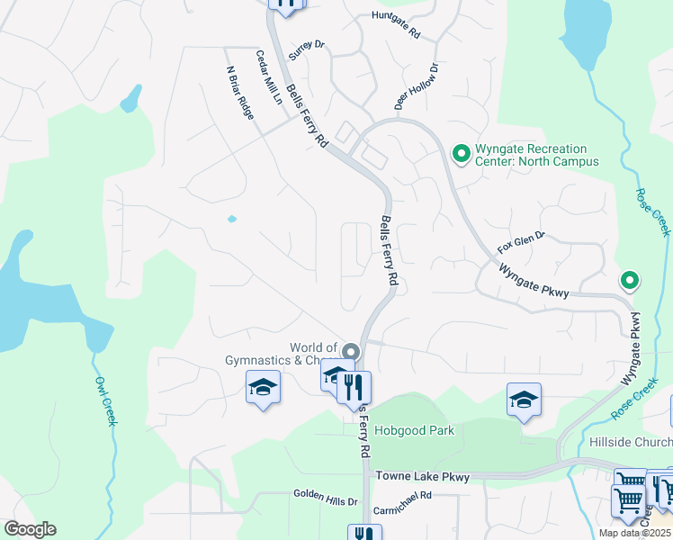 map of restaurants, bars, coffee shops, grocery stores, and more near 262 Ascott Lane in Woodstock