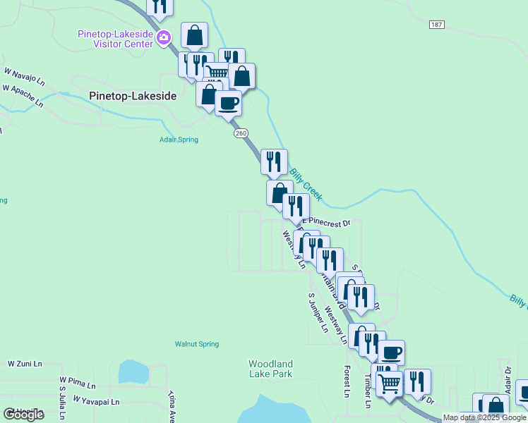 map of restaurants, bars, coffee shops, grocery stores, and more near 401 South Cotton Tail Drive in Pinetop-Lakeside