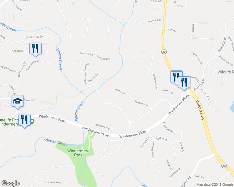map of restaurants, bars, coffee shops, grocery stores, and more near 1627 Hutton Place in Cumming