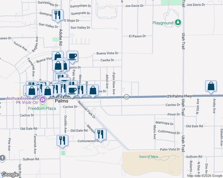 map of restaurants, bars, coffee shops, grocery stores, and more near 6446 Palm View Avenue in Twentynine Palms