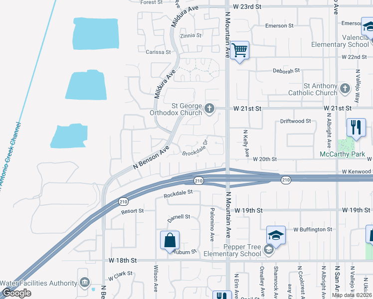 map of restaurants, bars, coffee shops, grocery stores, and more near 1370 Creekwood Lane in Upland