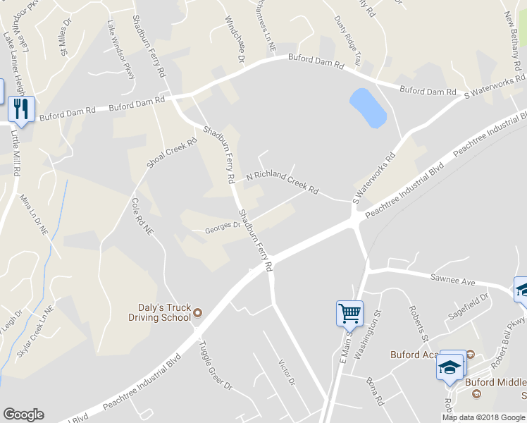 map of restaurants, bars, coffee shops, grocery stores, and more near 2438 Shad Burn Ferry Drive in Buford