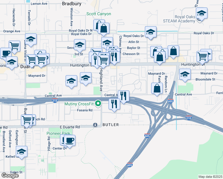 map of restaurants, bars, coffee shops, grocery stores, and more near 1835 Orange Grove Road in Duarte